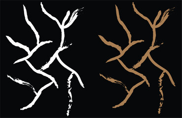 Abstract branches in white and brown on a stark black background design art