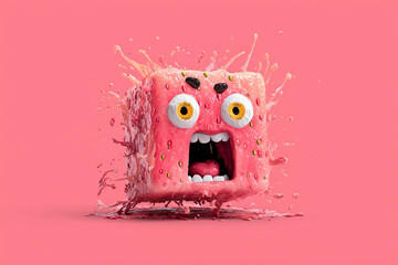 Colorful monster character emerges from a vibrant splash of liquid on a bright pink background, showcasing playful design elements and exaggerated features
