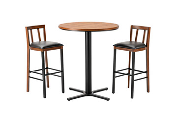 Modern pub table with two tall bar chairs having vertical slat backs, isolated on a transparent background