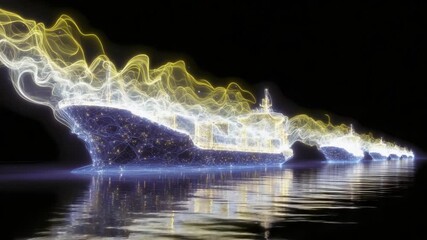 Futuristic fleet of cargo ships made of glowing particles sailing on a dark digital sea, symbolizing global shipping, logistics, and maritime trade technology in a captivating animation - Powered by Adobe