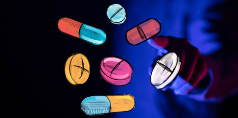 Abstract image of hand and floating pills, representing medicine, health, pharmacy, treatment, or technology.