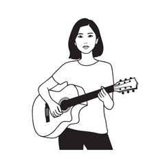 Black and white line art of a cool woman playing guitar in casual outfit minimalist stylish illustration