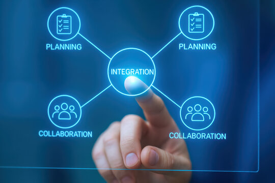 Integration planning collaboration teamwork strategy build connection develop optimize workflow with a holographic interface controlled by hand touch
