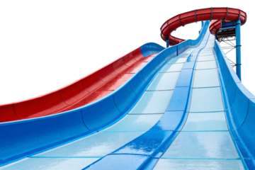 Multi-lane water slide complex featuring red and blue racing lanes curving downward from height, isolated on a transparent background