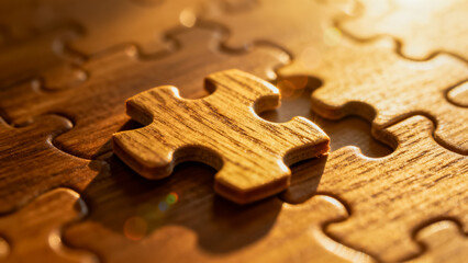 成功への道標：温かい光に包まれた木製パズルのピース
