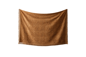 Ornate brown fabric featuring repeating star and diamond motifs with detailed border and fringed hem, isolated on a transparent background