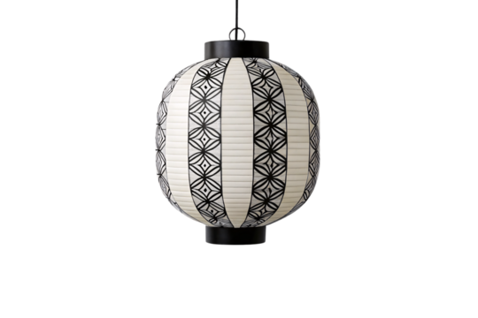Traditional Japanese paper lantern with geometric star pattern in black and white, isolated on a transparent background - Powered by Adobe