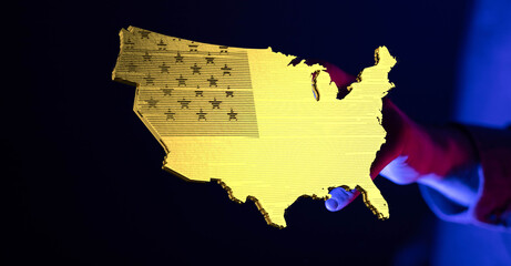 Obraz premium Abstract image of a hand holding a digital USA map. Perfect for technology, innovation, and future concepts.