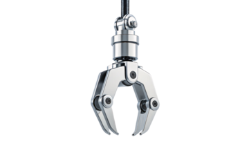 Chrome robotic claw with three curved fingers and hydraulic actuator mounting system, isolated on a transparent background