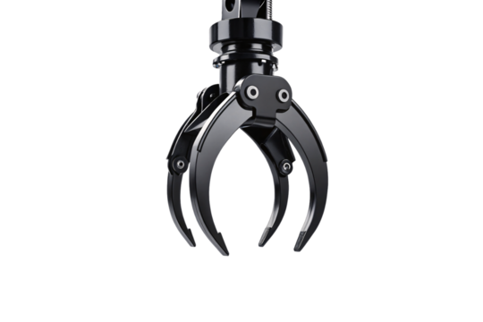 Black robotic claw gripper with three curved fingers and mechanical actuator arm system, isolated on a transparent background