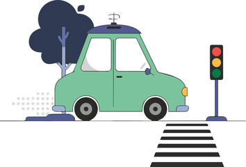 Vector art of self driving car at a crosswalk with a traffic light