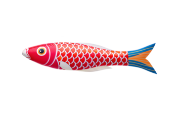 Red decorative fish with white scale pattern and blue-orange tail fin, isolated on a transparent background