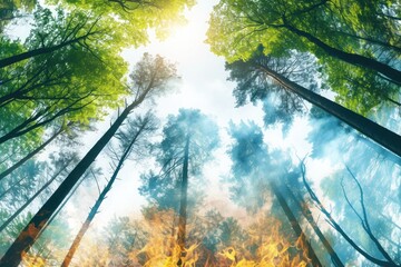 Obraz premium Forest fire, flames burning among tall green trees, smoke rising and sparks flying under the clear blue sky, suitable for environment and disaster themes