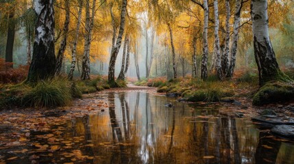 Fototapeta premium A serene forest landscape features a winding creek reflecting lush vegetation,