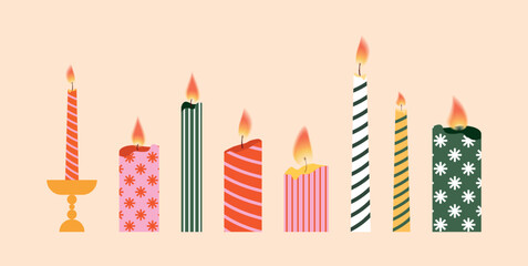 Christmas candles set with burning flames in different colors, patterns. Festive decorative composition for holiday greeting designs, warm winter atmosphere, seasonal celebration. Vector illustration