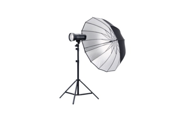 Professional photography umbrella lighting setup with silver reflective surface, isolated on a transparent background