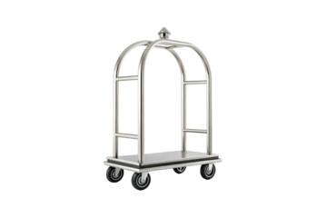 Polished chrome bellhop luggage trolley with dome canopy structure, isolated on a transparent background