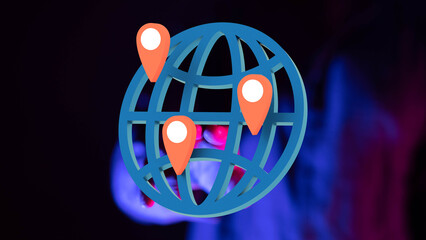 Illustrative image of global connectivity, showcasing location markers on a world globe. Ideal for technology, travel, and networking conc
