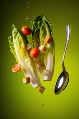 Fresh and Vibrant Caesar Salad Ingredients Flying in Air with Tomatoes, Romaine Lettuce, and Croutons on Elegant Green Background