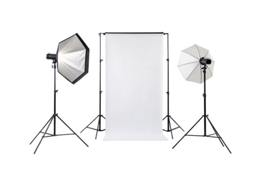 Complete studio lighting setup with softbox octagon backdrop and dual light configuration, isolated on a transparent background