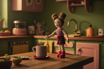 Charming Handmade Doll with Stylish Outfit Brewing Coffee in Cozy Kitchen Atmosphere