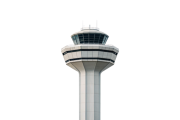 Contemporary air traffic control tower featuring curved design and multiple observation levels, isolated on a transparent background