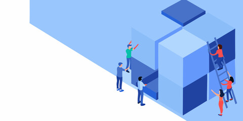 Diverse team collaborating to build and assemble large abstract geometric cubes using ladders in a modern isometric style © Shuvra Majumder