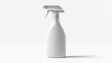 White plastic spray bottle, front view.  Blank label