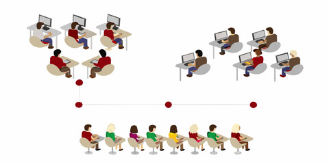 Diverse group of people in a classroom or office setting engaged in learning and work activities