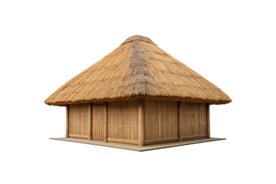 Traditional bamboo thatched roof hut with woven walls, elevated on wooden platform, rustic architecture, isolated on a transparent background - Powered by Adobe
