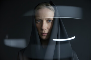 Intense Portrait of a Woman in a Black Hijab with Moody Lighting and Abstract Elements