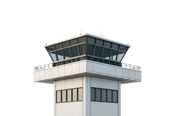 Modern airport control tower with glass observation deck, white concrete structure, metallic railings and communication antennas, isolated on a transparent background