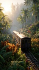 Train through lush tropical forest