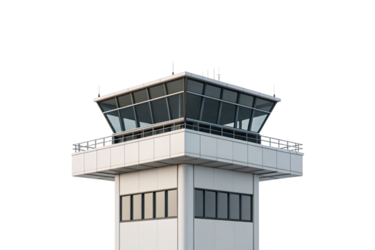 Modern airport control tower with glass observation deck, white concrete structure, metallic railings and communication antennas, isolated on a transparent background