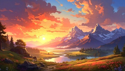 Majestic Mountain Sunrise Over Blooming Meadow