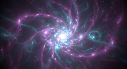 A vibrant spiral galaxy of purple and cyan light swirling around a bright central core in the vastness of space.