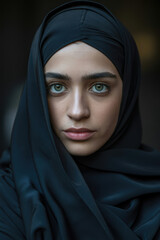 Thoughtful Young Woman in Black Hijab with Striking Green Eyes Emphasizing Cultural Identity and Strength