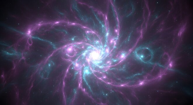 A vibrant spiral galaxy of purple and cyan light swirling around a bright central core in the vastness of space.