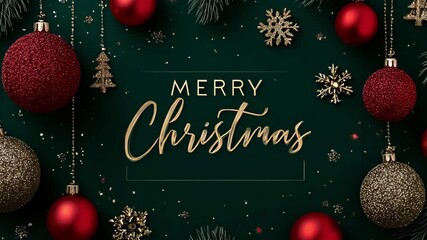 Merry Christmas wishes among festive decorations and ornaments on green backdrop, conveying the joy of the winter holiday season