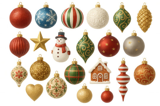 Christmas baubles set collecting festive holiday ornaments and vintage decorations, transparent background