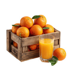 Fresh Oranges in Wooden Crate with Glass of Juice on Transparent Background