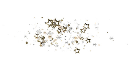 Sparkling holiday background with gold and silver stars and snowflakes. Perfect for Christmas, New Year, winter designs.