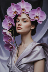 Elegant Portrait of a Model Adorned with Lush Pink Orchids on a Soft Toned Background
