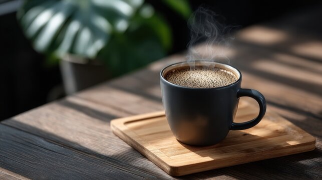 steaming cup of coffee rests on a wooden coaster against a backdrop of sunlight and a green plant. scene captures warmth and relaxation, inviting a cozy moment