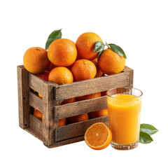 Fresh Oranges in Wooden Crate with Glass of Juice on Transparent Background