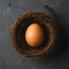 Single Fresh Egg with Water Droplets in a Bird's Nest.