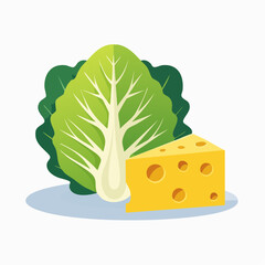 A wedge of Swiss cheese with holes next to a head of crisp green lettuce.