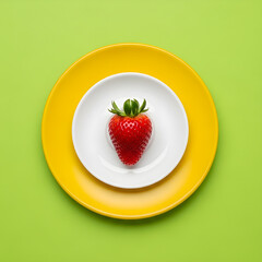 Single Fresh Strawberry on a White Plate on a Yellow and Green Background
