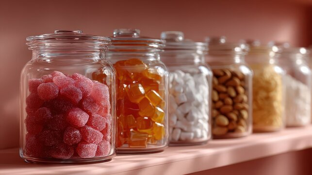 Glass jars filled with various candies, including red gummies and orange rock candy, are neatly arranged on a dusty pink shelf in a vibrant candy shop
