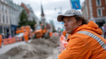 construction worker dressed in a bright orange jacket watches the ongoing roadwork in a bustling city street on a cloudy day. Heavy machinery and crew members surround him
